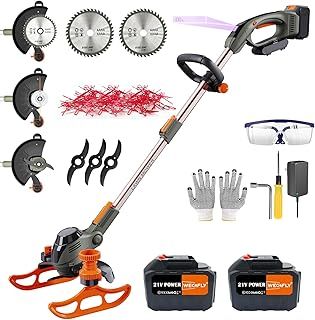 Cordless Grass Trimmer, with (21V 2x Battery & Charger), 4-in-1 Electric Strimmer/Garden strimmer/Brush Cutter and lawn edger, with 2 x Saw Blades, 3 x Metal Blades, 30x Grass Cutting line