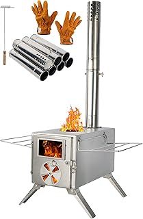 Tent Stove, Folding Stainless Steel Tent Wood Stove with Stainless Wall Chimney Pipes & Sides, Portable Wood Burner Stove for Heating Cooking Tents Shelter Garden Camping, Silver