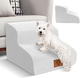 Myiosus Dog Steps for Sofa, High Density Foam Pet Stairs for Bed, 2-Steps Dog Stairs with Non Slip Cover, Washable Dog Ramps Ladder for Dogs and Cats, White