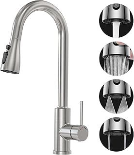 SREWOHS PRO Kitchen Sink Mixer Taps, Pull Out Hose,Brushed Stainless Steel,4 Spary Modes,360° Swivel,High Arc,Single Handle Faucet for 1 Hole Sink,Replacement Bar Tap,Ease of Install,Nickel