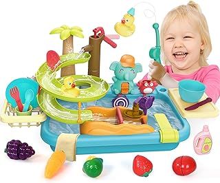 Sitodier Play Sink Toy with Running Water, 4-in-1 Kitchen Sink Toy for Toddlers 3+ Years with Manual Pump, Water Slide Track, Fishing Set, Pretend Play Kitchen Toy Water Play for Kids Boys Girls
