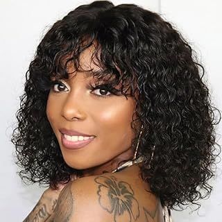 DÉBUT Human Hair Wig With Bangs Short Curly Bob Wig Human Hair Jerry Curl Bob Wig For Black Women 150% Density Non Lace Front Glueless Wig(10 Inches, 1B)