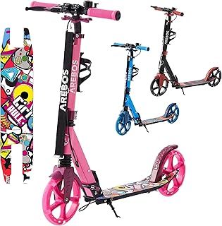 Arebos Cityroller Scooter with LED | Height-Adjustable | Foldable | Includes Carry Strap | Hand & Pedal Brake | for Children and Adults | Maximum Load 100 kg | Kick Scooter