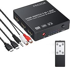 PROZOR HDMI Audio Extractor 3x1 HDMI Switch with Audio Extractor Analog Optical Output HDMI to Optical Converter Support 4K 3D with IR Remote HDMI Cable 3.5mm to 2 RCA Cable for Blu-ray DVD PS4 TV Etc