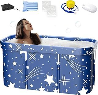 Portable Bath Adult, Double Foldable Bathtub, Soaking Standing Bath Tub for Adults Kids, Ideal for Hot Bath Ice Bath (Starry Blue)