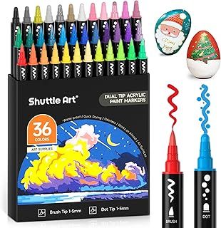 Dual Tip Acrylic Paint Pens, 36 Colours Dot & Brush Paint Marker Pens, Paint Pens for Rock Painting, Ceramic, Wood, Fabric, Glass, Art Marker Pen Set for Kids Adults on Christmas Easter