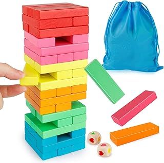 Coogam Wooden Building Blocks with Storage Bag, Colorful Toppling Tower Stacking Balance Puzzle Toys Learning Educational Sorting Family Games Toys Gifts for Kids Toddlers