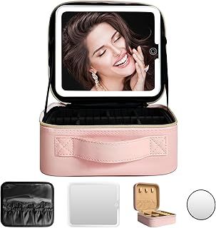 Travel Makeup Bag with 3 Setting Adjustable LED Mirror, Portable Vanity case with Adjustable Compartment,10x Mirror, Jewelry Box, Brush Storage, Pink