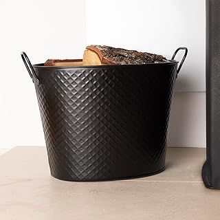 Charles Bentley Snug Willow Large Fireside Log Bucket Iron Oval Opening Black Matte Finish