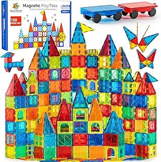 SUNNY AUNTIE Magnetic Tiles 100 PCS with 2 Cars, Magnetic Tiles for Kids & Toddlers, Toy for 3 4 5 6 7 8 Year Old Boys & Girls, Gift Box