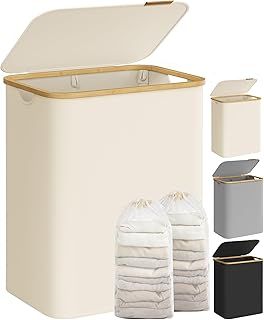 SONGMICS Laundry Basket with Lid, 2-Section Large Laundry Hamper, 130L, Removable Mesh Liner, Oxford Fabric, Bamboo Handles, Collapsible, 52 x 38.5 x 70.5 cm, Dove Grey LCB513G01