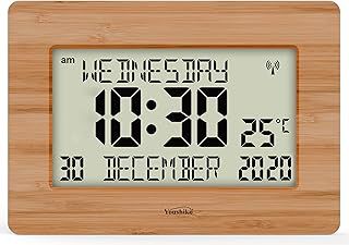 Radio Controlled Silent Large LCD Wall Clock (Offical UK Version) Auto Set Up with Day Date Month Helpful for DEMENTIA & ALZHEIMER SUFFERERS (Bamboo Wood)
