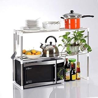 2 Tier Microwave Oven Rack Stand Shelf Stainless Steel Kitchen Storage Organizer Expandable with 6 Hooks