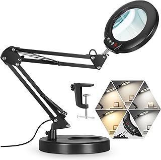 Veemagni 10X Magnifying Glass with Light, 5 Color Modes Stepless Dimmable 2-in-1 Desk Lamp and Clamp, LED Lighted Magnifier with Stand, Hands Free for Craft Repair Hobby Painting Close Work