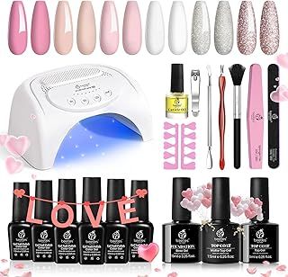 Beetles Gel Nail Polishes Starter Kit, 6 Colors Nail Salon Set with 48W Nail Lamp, Pink Valentines Decorations French White Glitter Pink Nude Gel Nail Polish with Base Top Coat Nail Manucure DIY