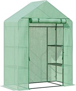 Outsunny Walk-in Small Greenhouse with Shelves, Outdoor Green House Grow House with Waterproof PE Cover and Roll-up Door, 143x73x195cm, Green
