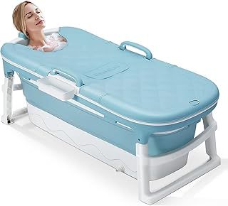 Dripex Portable Bathtub Adult, Folding Bathtub 138X62X52cm Large Thicken Free Standing Soaking Barrel, Foldable Massage Sweat Steam Bath Tub with Lid, Bathroom Warm Spa Sauna for Adults Children, Blue