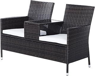 Outsunny 2 Seater Rattan Sofa with Cushions, Wicker Garden Loveseat with Armrests, Outdoor Garden Sofa Couch with Metal Frame for Patio, Brown