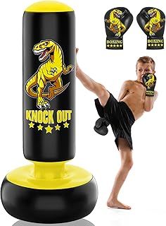 Kids Punhing Bag - 160 cm Freestanding Boxing Bag Set with Boxing Gloves - Ferocious Dinosaur Sports inflatable kickboxing bag for Training Karate Taekwondo MMA