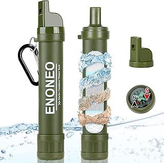 Personal Water Filter Straw 1500L 4 in 1 Outdoor Survival Water Purification Straw Remove 99.99% Bacteria & Protozoa with Whistle,Compass,Mirror for Camping Hiking Travel Emergency Gear (Green)