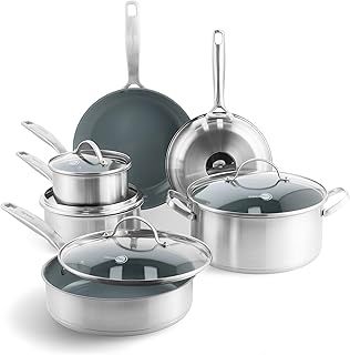 GreenPan Treviso Healthy Ceramic Non-Stick Stainless Steel Cookware, 10 pieces, Including Frying Pans Sauté Pan and Saucepan, PFAS-free, Induction, Oven Safe, Silver