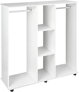 HOMCOM Double Open Wardrobe on Wheels, Bedroom Wardrobe with Clothes Hanging Rails, 3 Storage Shelves, Mobile Garment Rack for Cloakroom, Hallway, White