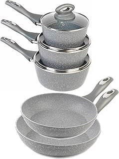 Salter Marblestone 5 Piece Cooking Set – 16cm, 18cm, 20cm Saucepans With Lids, 20cm, 24cm Frying Pan, Non-Stick, Corrosion Resistant Forged Aluminium, PFOA-Free, Suitable For All Hobs, Dishwasher Safe