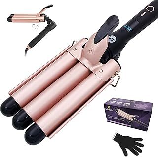3 Barrel Hair Curler, 25mm Ceramic Tourmaline Hair Curling Iron Waver Wand with LCD Temperature Display, Fast Heating Foldable Crimpers for Travel (Gold)