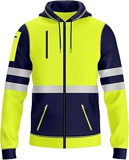 NOROZE Mens Hi Vis Hoodie with Reflective Tape, High Visibility Full Zip Hoodie for Safety Workwear, Zipped Pockets High Vis Hoodie, Durable Work Hoodies for Men