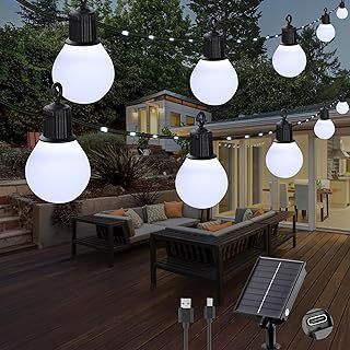 Solar String Lights Outdoor Garden - 32.8Ft/10m 100 LED Solar Fairy Lights with 20 Shatterproof G40 Blubs, USB Charging, 8 Modes Waterproof Lights, Garden Decor - Cool White