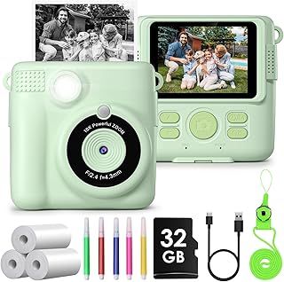 GREENKINDER Kids Camera, Instant Camera for Kids 1080P 2.4 Inch with 32GB Card, 3 Rolls Print Paper and Colour Pens Digital Camera, Birthday Christmas Kids Toys Gifts Kids Camera for Kids Age 3-12