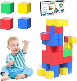 Lotvic Magnetic Blocks, 32 Pcs Montessori Magnetic Building Blocks, Preschool Educational Construction Toy, 3D Color Sensory Magnetic Cubes for Kids Toddlers Boys Girls Age 3-8