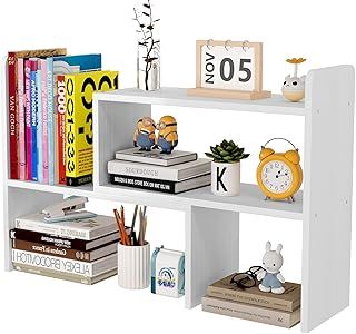 EasyPAG Wood Desk Shelves Adjustable Desktop Bookshelf Freestanding Home and Office Supplies Storage Display Shelf Desk Tidy Organiser,White