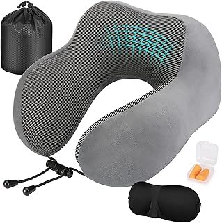 Eono Neck Pillow Memory Foam, Travel Pillow for Neck, Comfortable Neck and Head Support Pillow for Plane Cars Trains Office, Soft Flight Travel Cushion for Sleeping