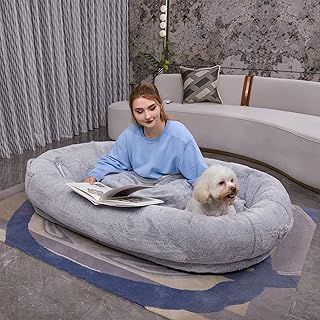 BunniBed Extra Large Human Dog Bed for People Adults and Pets, 70" x 38" x 12" Fluffy Giant Dog Beds with Removable Washable Vegan Fur Cover, Pillow and Blanket