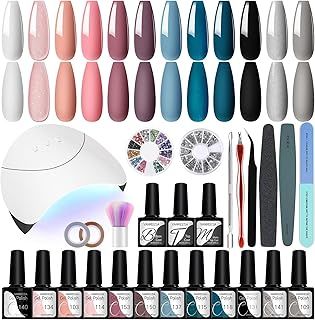 Gel Nail Polish Set with Lamp Starter Kit, VANREESA 12 Colours Gel Nail Kit with Basic Manicure Tools Black Pink Gray Purple Gels Polish Set Gifts for Women DIY at Home
