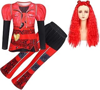 AmzBarley Descendants Rise of Red Costume Kids Girls Long Sleeve Shirt Tops Trousers Outfits Themed Party Fancy Dress with Wig