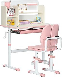 HOMCOM Kids Desk and Chair Set, Height Adjustable Kids Study Table and Chair Set with Storage Shelves, Washable Cover, Anti-Slip Mat, for Ages 3-12 Years - Pink
