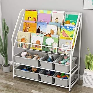 5 Tier Children's Book Organizer, Kids Book and Toys Storage, Space Saving Kids Bookcase, Display Bookshelf Stands Shelf for Study Living Room Bedroom (Plastic Storage Box Not Include)
