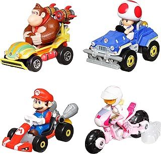 Hot Wheels Mario Kart Toy Vehicle 4-Pack with Princess Peach on Moto Exclusive for Kids Ages 3 and Up