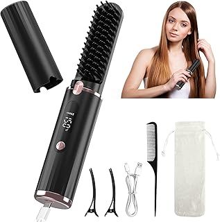 Cordless Hair Straightener Brush, Portable Hot Comb Hair Straightener Negative Ion Hair Straighteners Comb for Women 4 Temperature Beard Straightener Brush USB Rechargeable Anti-Scald Auto-Off