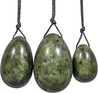 mookaitedecor Green Jade Yoni Eggs Set of 3,Drilled,with Unwaxed String,Massage Stone for Women Kegel Exercise Strengthen Pelvic Floor Muscles
