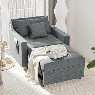 Esright Sleeper Chair, 3-1 Convertible Chair Bed Pull Out Single Sofa Bed with Adjustable Backrest, 2 Pillows, Side Pocket, Upgrade Memory Foam Armchair for Space Saving, Apartment, Office, Dark Grey