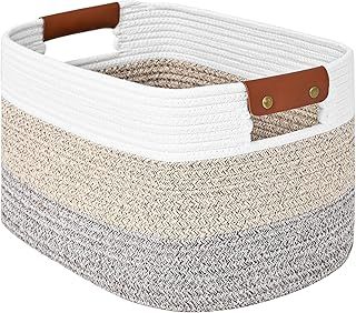 Cotton Rope Storage Basket Woven Shelf Storage Bin with Detachable Leather Handles, Decorative Closet Shelf Woven Basket (Gradient Brown 1PACK)