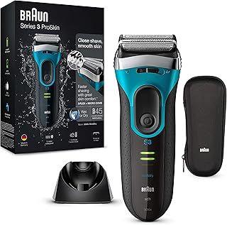 Braun Series 3 ProSkin Electric Shaver For Men With Precision Trimmer, Travel Case & Charging Stand, Wet & Dry, 100% Waterproof, UK 2 Pin Plug, 3080s, Black/Blue Razor