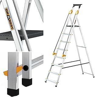DRABEST PRO SERIES 8 Step Ladder Folding - Aluminum Folding Ladder - Lader with Safety Handrails & Work Platform - Stepladders 8 tread - Capacity 150 KG - Multi-Purpose Ladders - 52x239x12cm