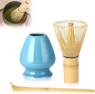 3Pcs Matcha Whisk Set,Matcha Tea Set Bamboo Handmade Matcha Whisk with Ceramic Whisk Holder Tea Spoon,Handmade Matcha Making Kit for Tea Ceremony Tea Drinking Matcha Ceremony