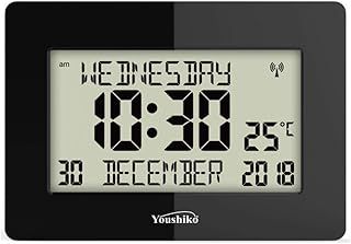 Radio Controlled Silent Large LCD Wall Clock (Offical UK Version) Auto Set Up with Day Date Month Helpful for DEMENTIA & ALZHEIMER SUFFERERS (Black)