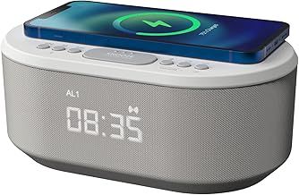i-box Alarm Clocks Bedside, Alarm Clock with Wireless Charging, Bluetooth Speaker, Radio Alarm Clock, Fast Qi Wireless Charger, Mains Powered, FM Radio, USB Charging Port, Dimmable, Non Ticking