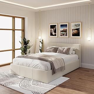 GFW Classic Leather Upholstered Ottoman Storage Bed With Gas End Lift & Under Bed Storage, King Size, Fabric, Natural